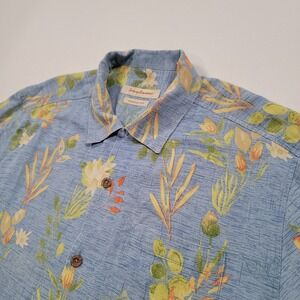 Tommy Bahama Mens L Blue/Green 100% Silk Camp Hawaiian Shirt Floral Original Fit